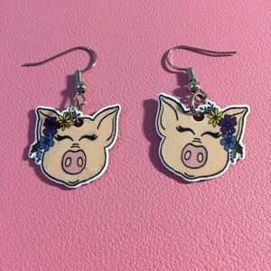 Cute Pig Earrings with Floral Accents